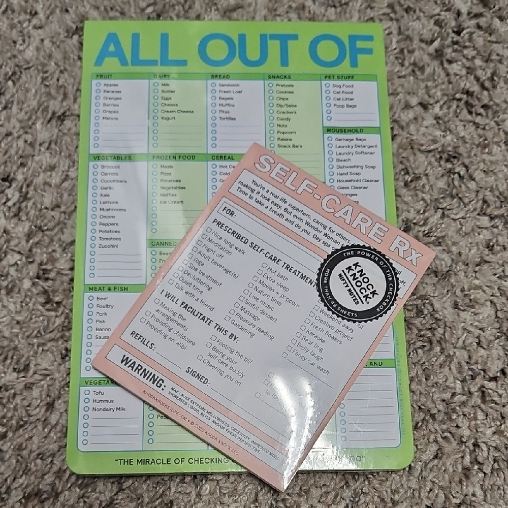 NBO Knock Knock Note Set - "All Out Of" And "Self-Care Rx" Checkbox Pads